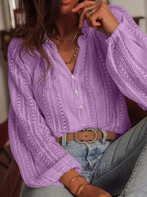 Open Knit Lace V Neck Button Front Blouse: Apricot / 95% Polyester+5% Elastane / L