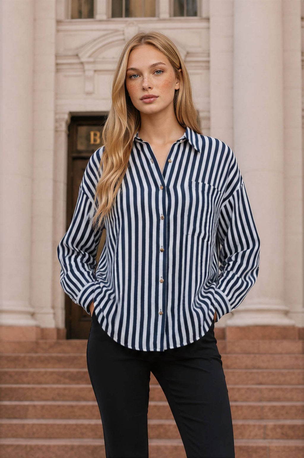 VERTICAL STRIPE COLLARED BUTTON DOWN SHIRT: TAUPE