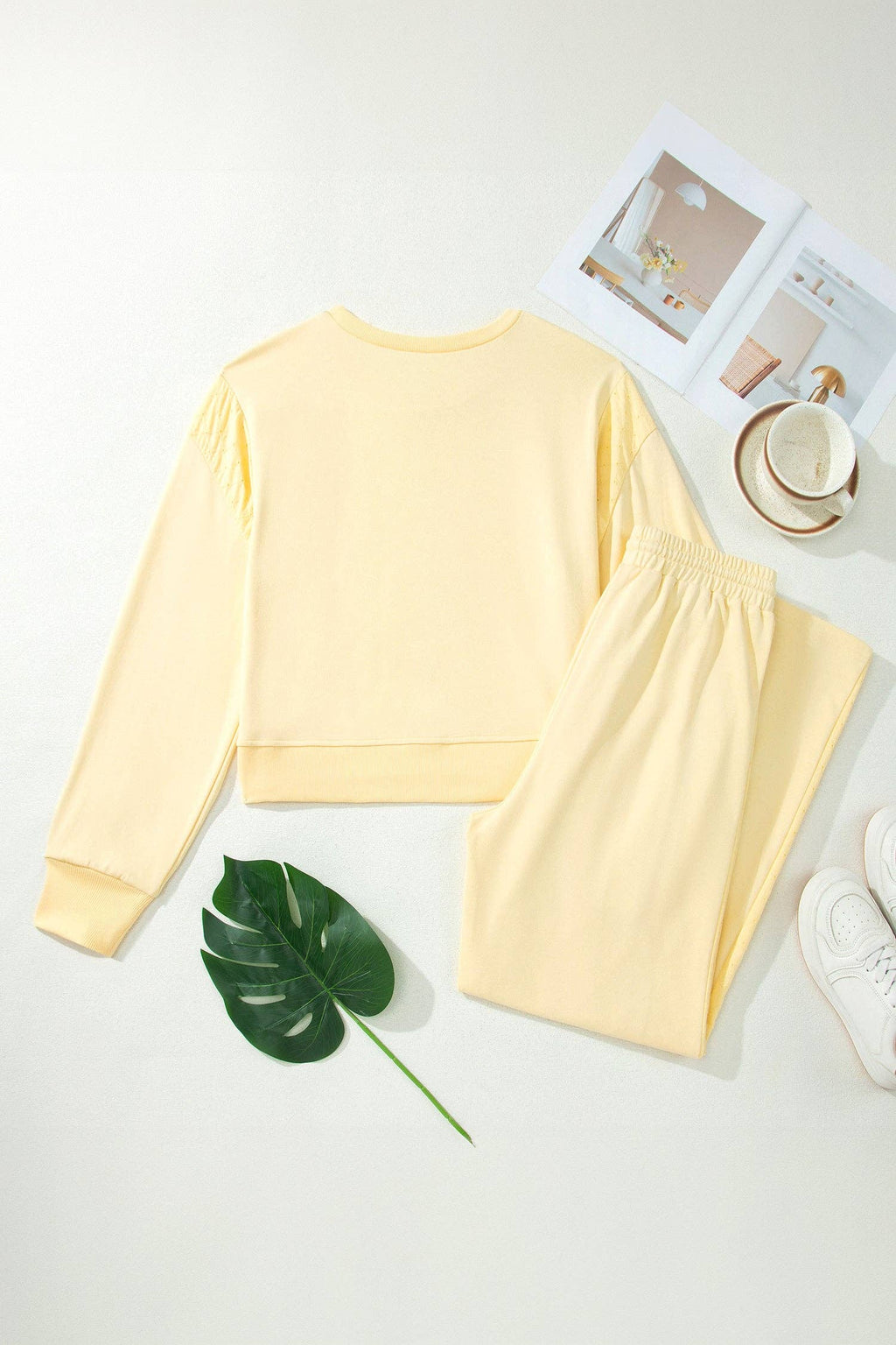 Yellow Cream Eyelet Embroidered Lace Patchwork Cropped Pullover Drawstring Pants Set: Yellow Cream / 80%Cotton+20%Polyester / XL