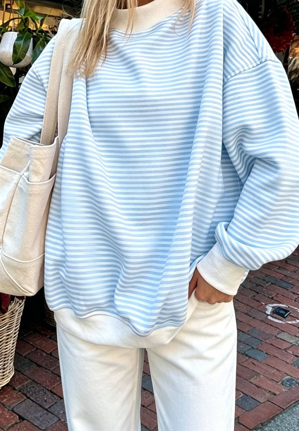 Striped Cotton Sweatshirt Oversized Long Sleeve Top: Pink / 95%cotton+5%elastane / S