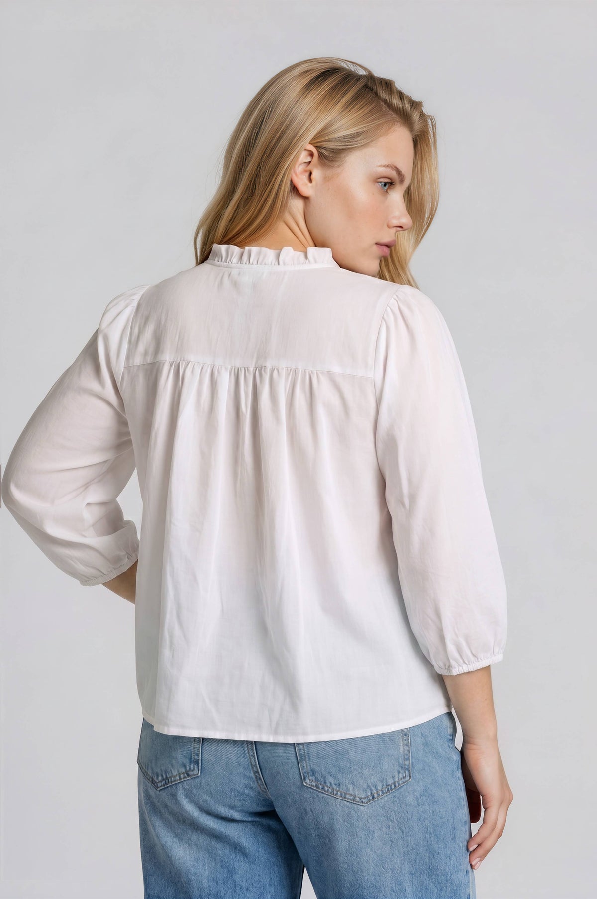 PLUS 3/4 SLEEVE RUFFLE TRIM PINTUCK DETAIL BLOUSE: BLACK
