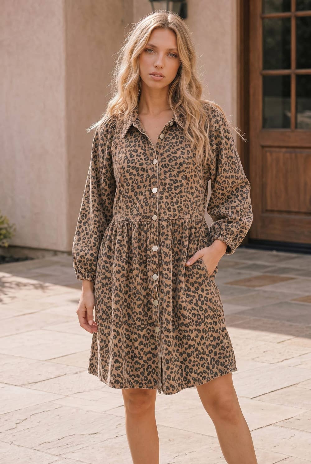 Taupe Leopard denim Button Front Mini Dress: TAUPE / M