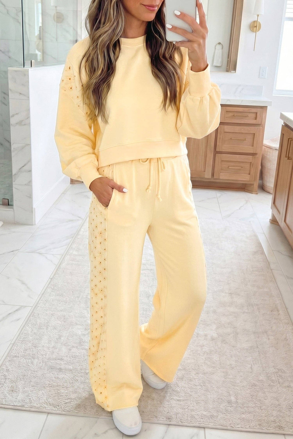 Yellow Cream Eyelet Embroidered Lace Patchwork Cropped Pullover Drawstring Pants Set: Yellow Cream / 80%Cotton+20%Polyester / S