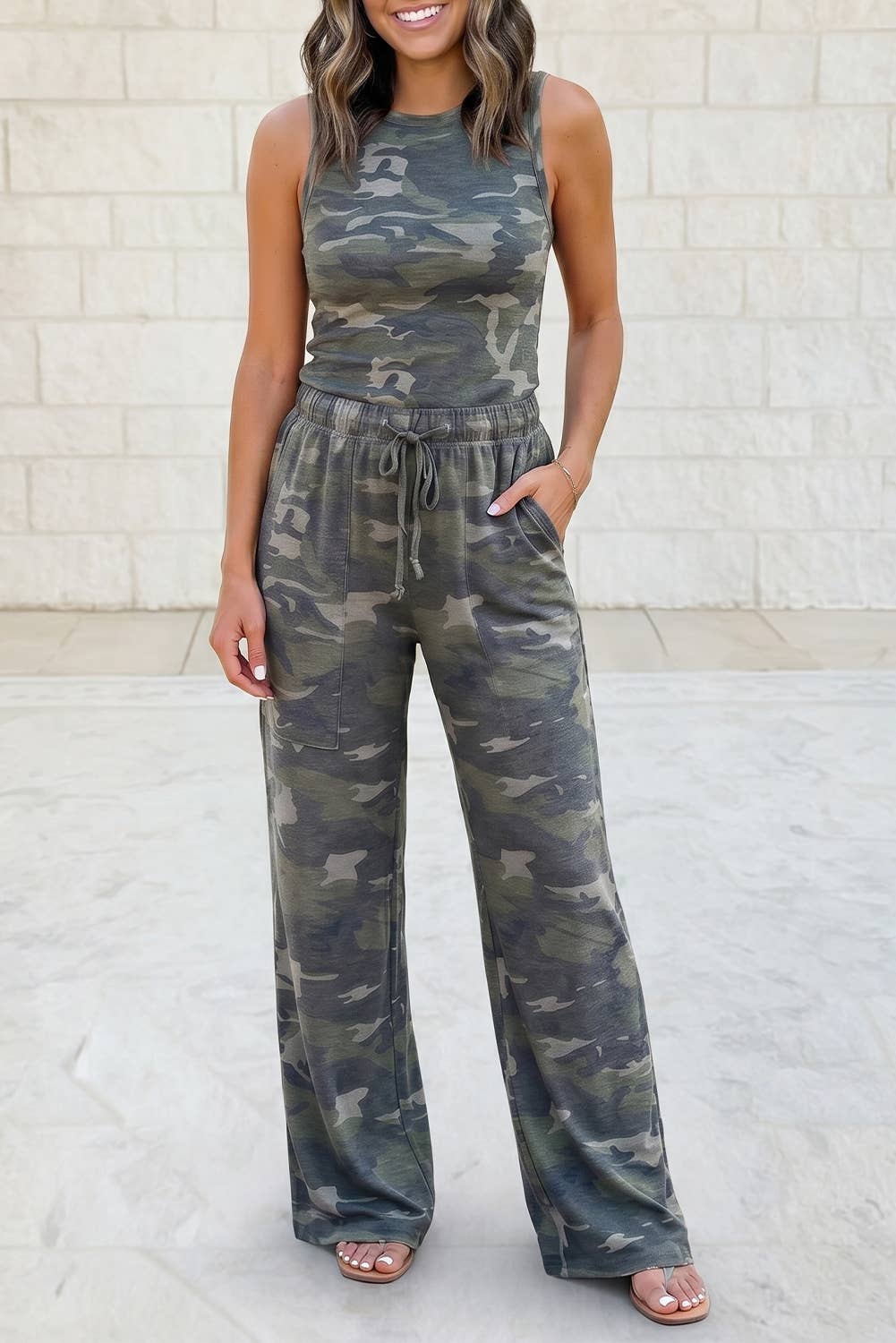 Slim Camouflage Tank Top and Wide Sweatpants Set: Green / XL