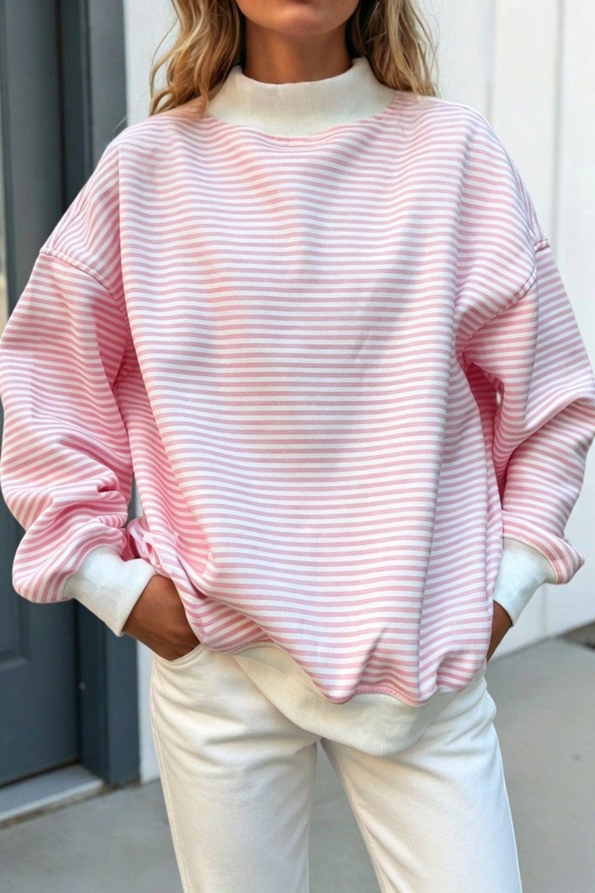 Striped Cotton Sweatshirt Oversized Long Sleeve Top: Pink / 95%cotton+5%elastane / S