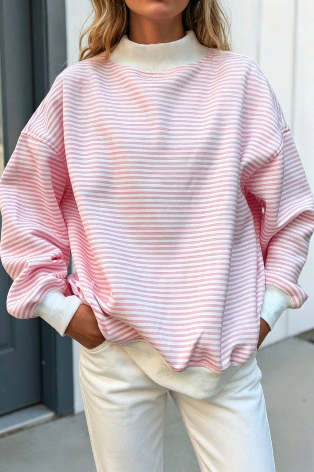 Striped Cotton Sweatshirt Oversized Long Sleeve Top: Pink / 95%cotton+5%elastane / M