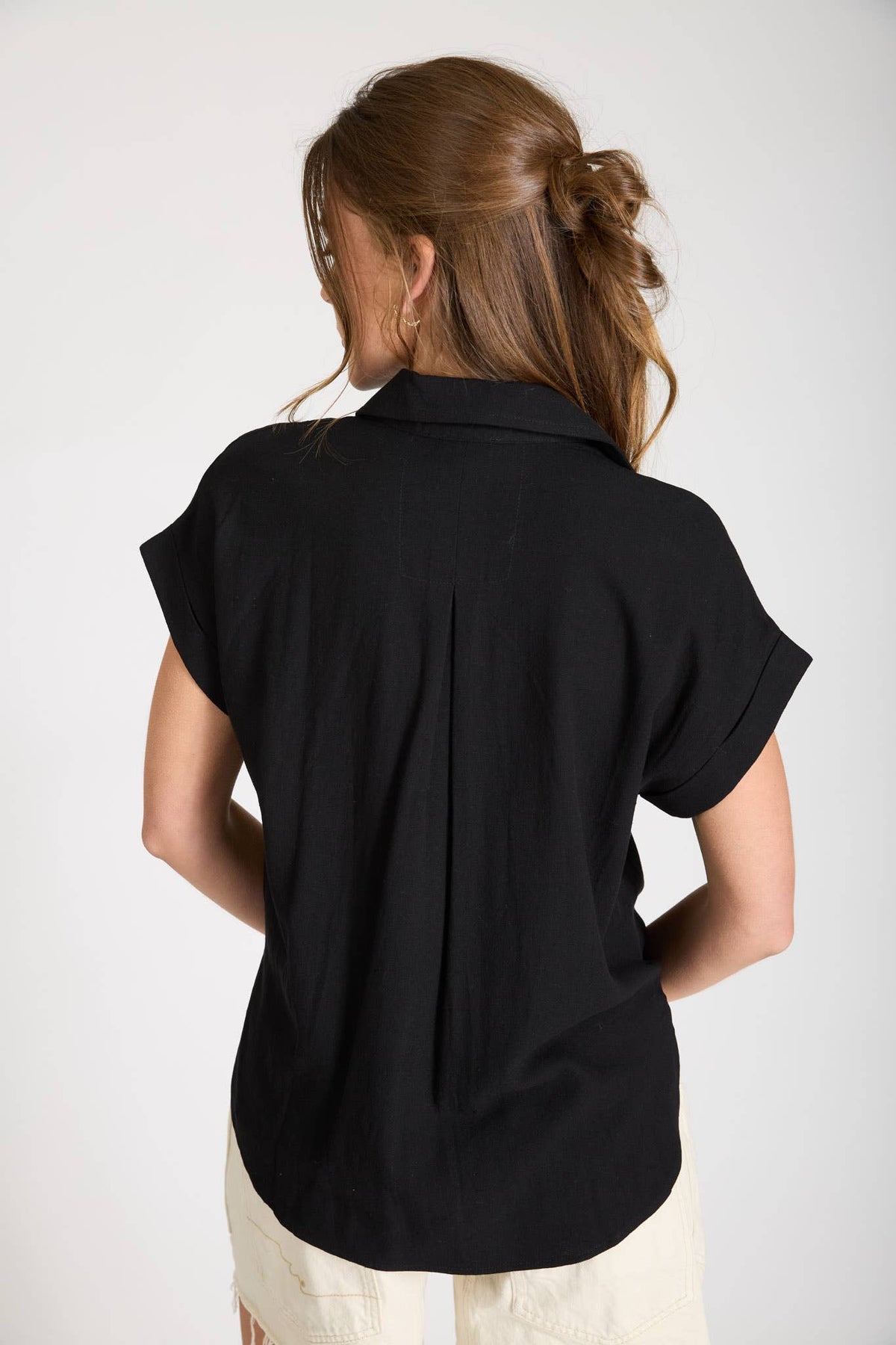 COLLARED SPLIT NECK CUFF SLEEVE U HEM LINEN TOP: BLUE