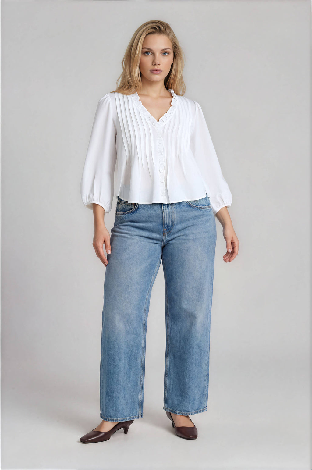 PLUS 3/4 SLEEVE RUFFLE TRIM PINTUCK DETAIL BLOUSE: BLACK