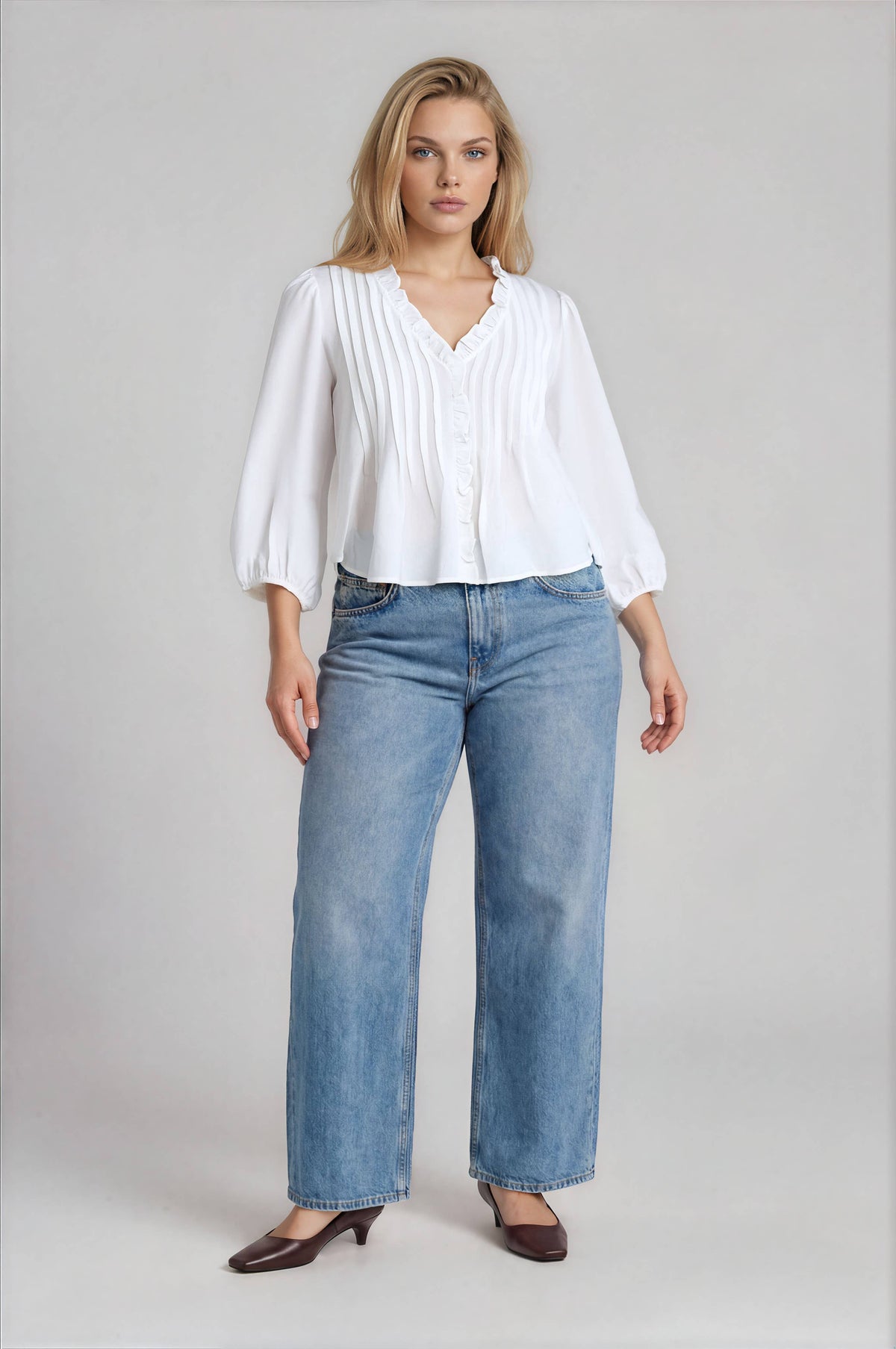 PLUS 3/4 SLEEVE RUFFLE TRIM PINTUCK DETAIL BLOUSE: BLACK