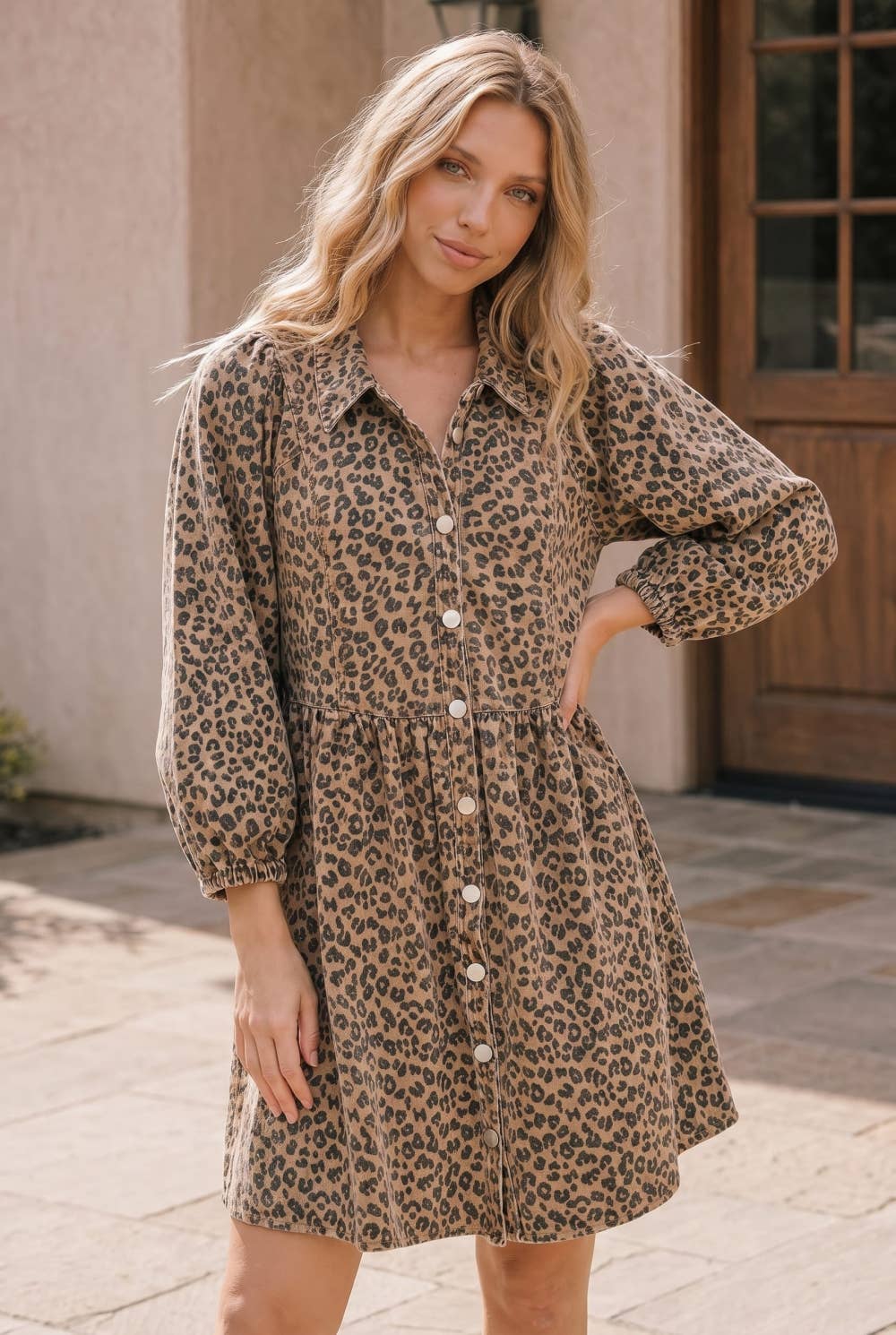 Taupe Leopard denim Button Front Mini Dress: TAUPE / S