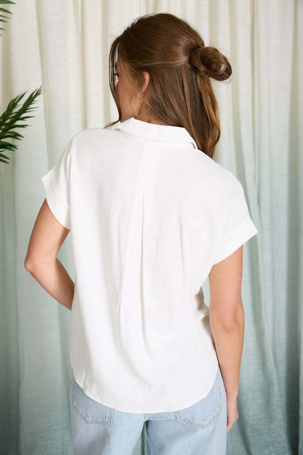 COLLARED SPLIT NECK CUFF SLEEVE U HEM LINEN TOP: BLUE