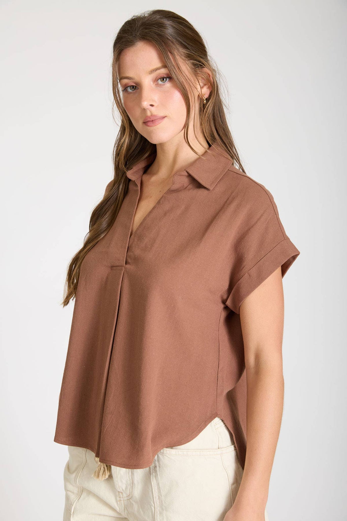 COLLARED SPLIT NECK CUFF SLEEVE U HEM LINEN TOP: BLUE
