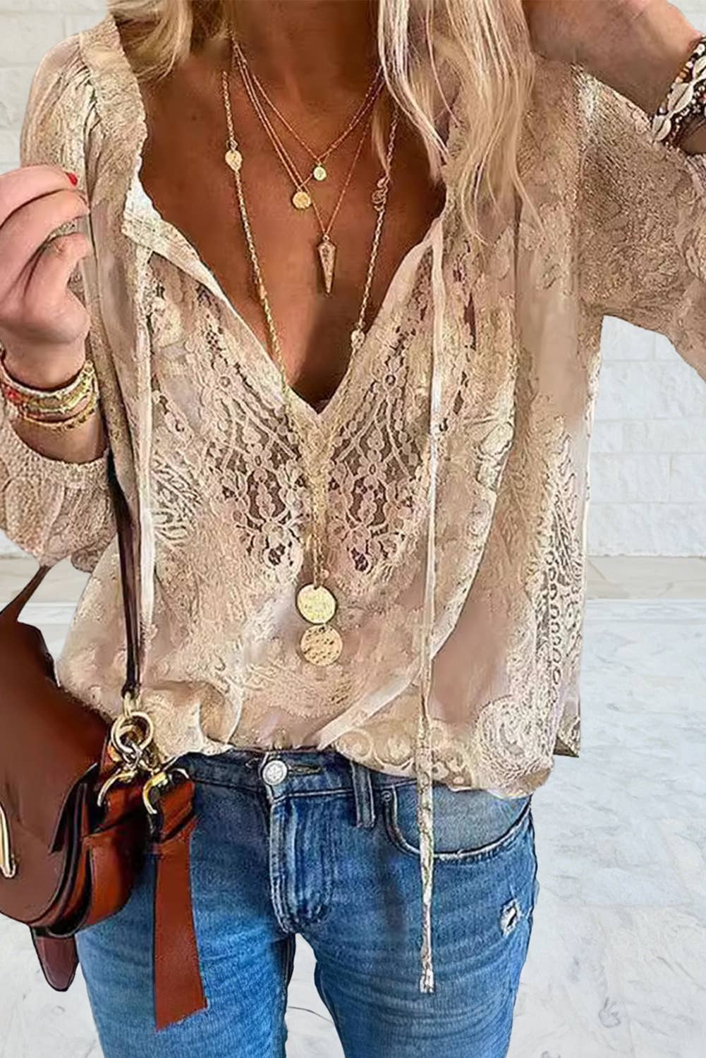 Lace Long Sleeve Tie V Neck Blouse: Light Pink / 2XL