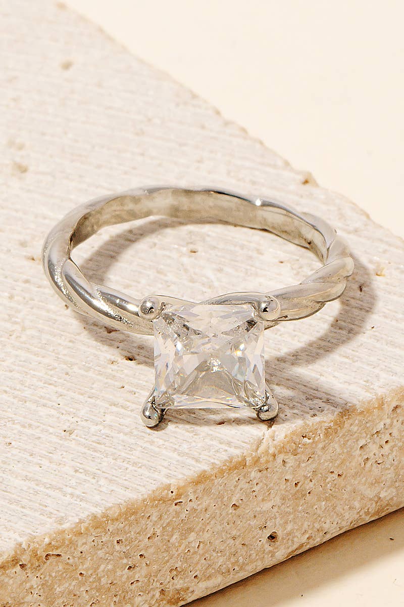 Princess Cut Rhinestone Twisted Metallic Band Ring: G