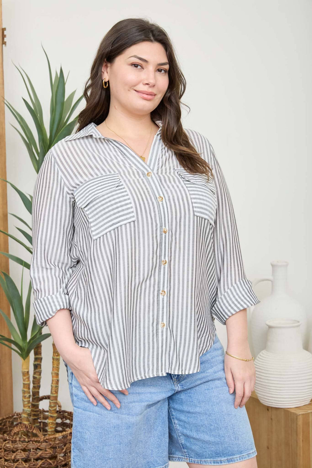 PLUS STRIPE COLLARED BUTTON DOWN LIGHTWEIGHT SHIRT : BLACK
