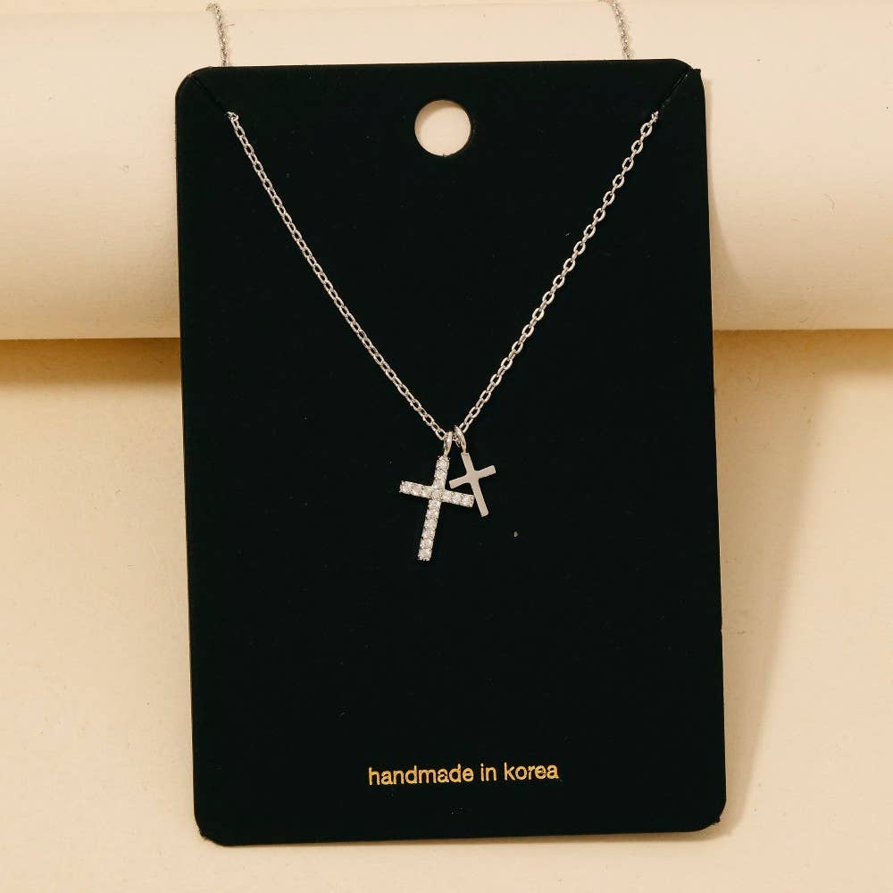 Cz Pave Double Cross Pendant Necklace: G