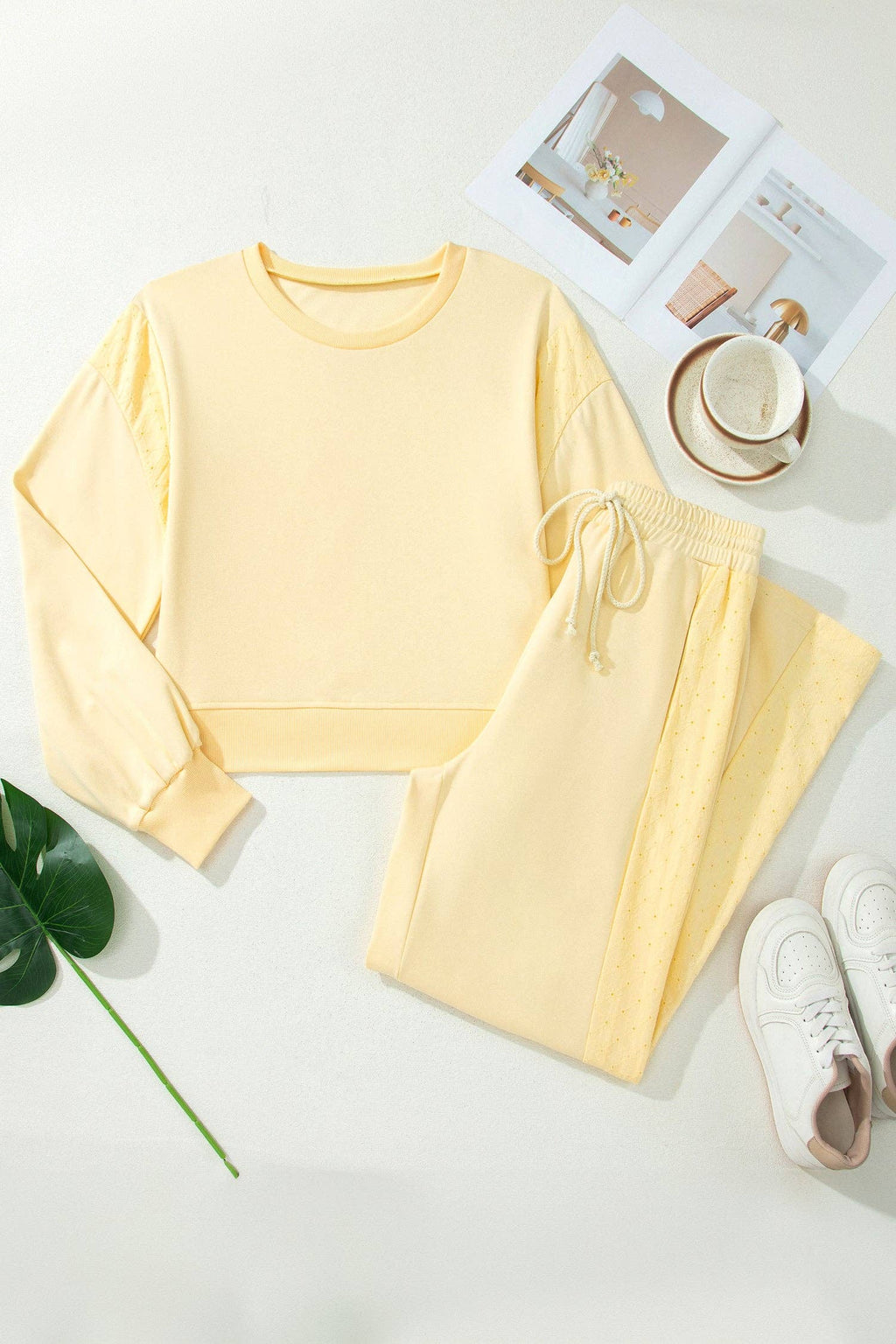 Yellow Cream Eyelet Embroidered Lace Patchwork Cropped Pullover Drawstring Pants Set: Yellow Cream / 80%Cotton+20%Polyester / XL