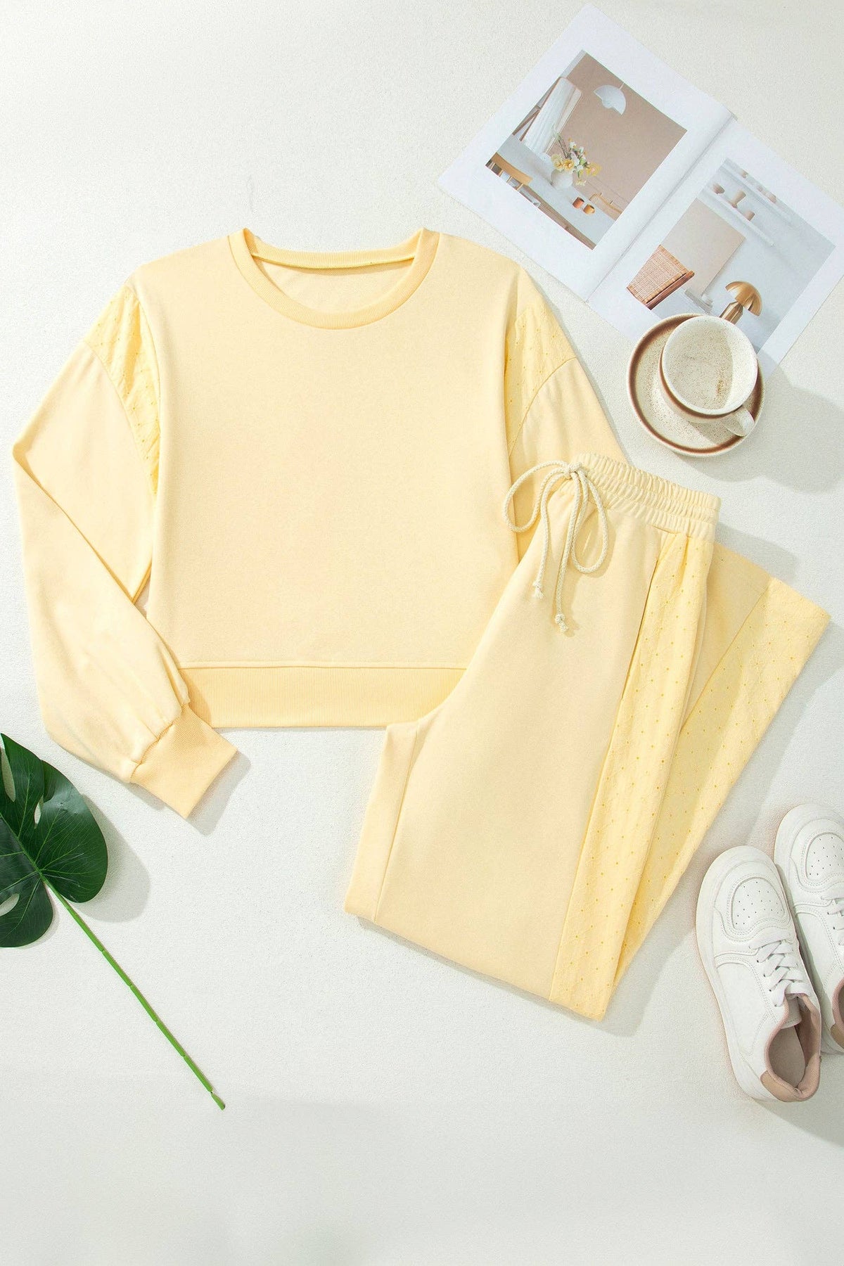 Yellow Cream Eyelet Embroidered Lace Patchwork Cropped Pullover Drawstring Pants Set: Yellow Cream / 80%Cotton+20%Polyester / XL