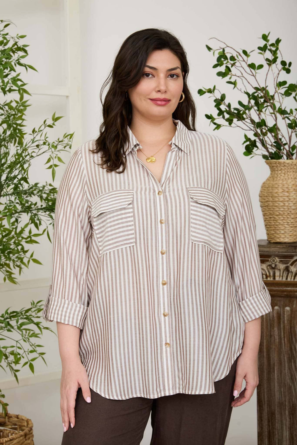 PLUS STRIPE COLLARED BUTTON DOWN LIGHTWEIGHT SHIRT : BLACK