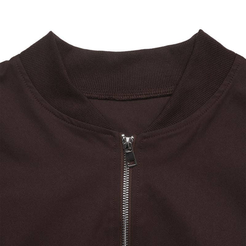 Cropped Bomber Jacket Stand Collar Zip Up Casual Outerwear: Coffee Brown / 100%polyester / L