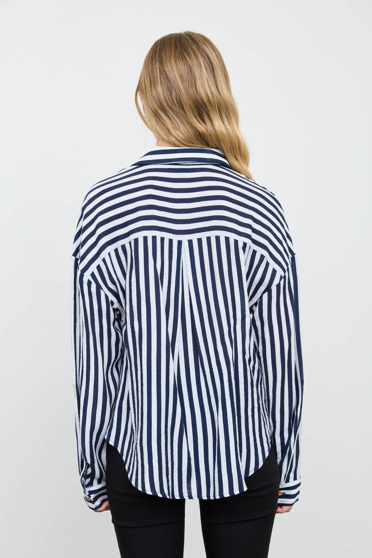 VERTICAL STRIPE COLLARED BUTTON DOWN SHIRT: TAUPE