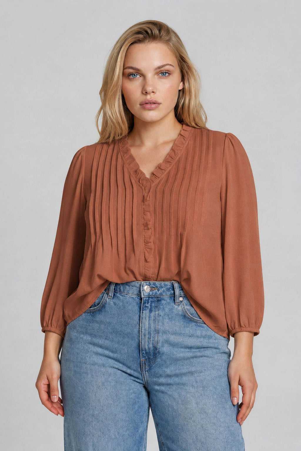 PLUS 3/4 SLEEVE RUFFLE TRIM PINTUCK DETAIL BLOUSE: BLACK