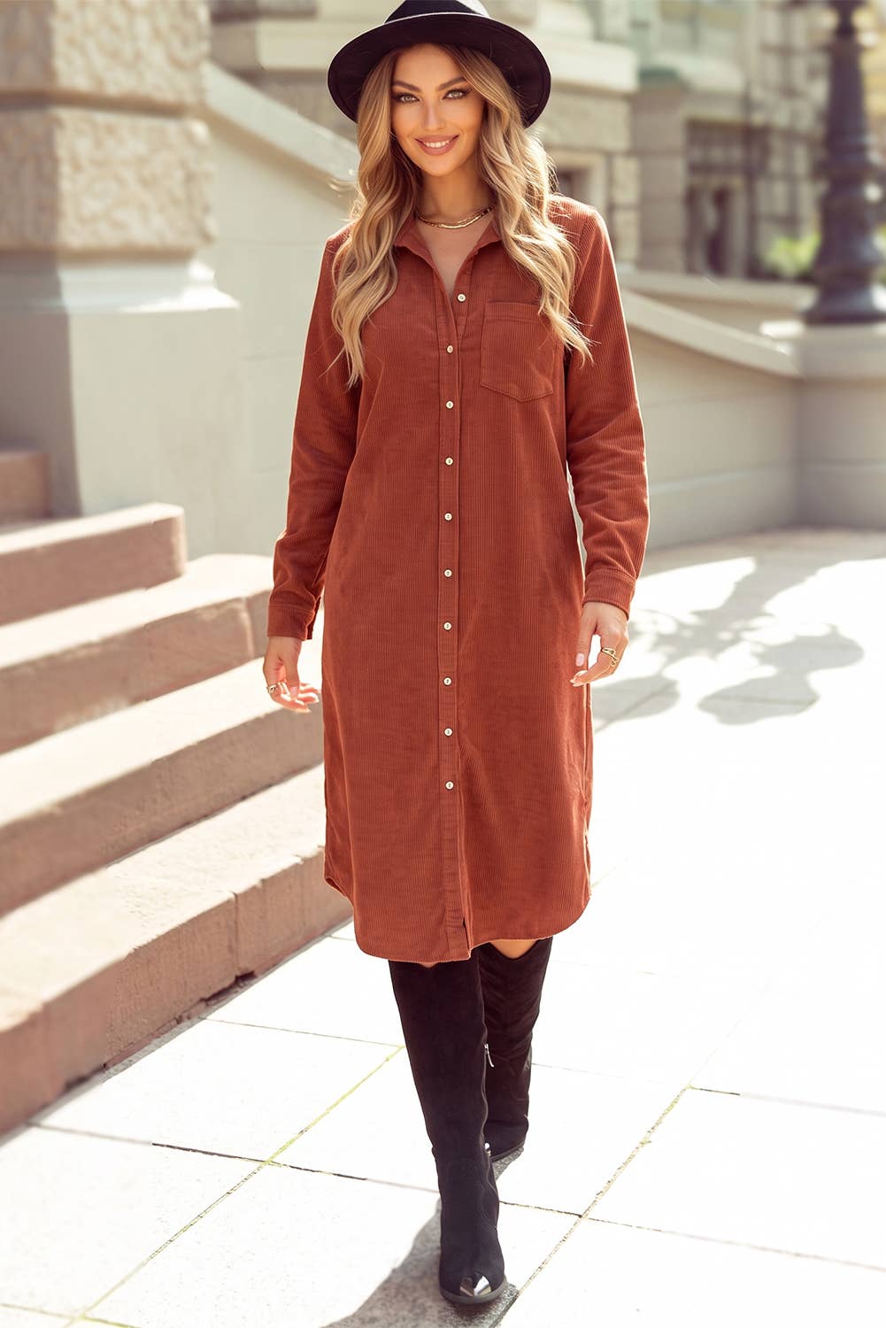 Long Sleeve Button Down Corduroy Midi Length One Piece Dress: Clay / L