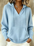 V Neck Hooded Knit Sweater with Kangaroo Pocket