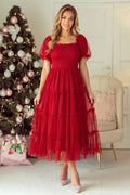 Tiered Tulle Smocked Bodice Puff Sleeve Dress: Fiery Red / XL