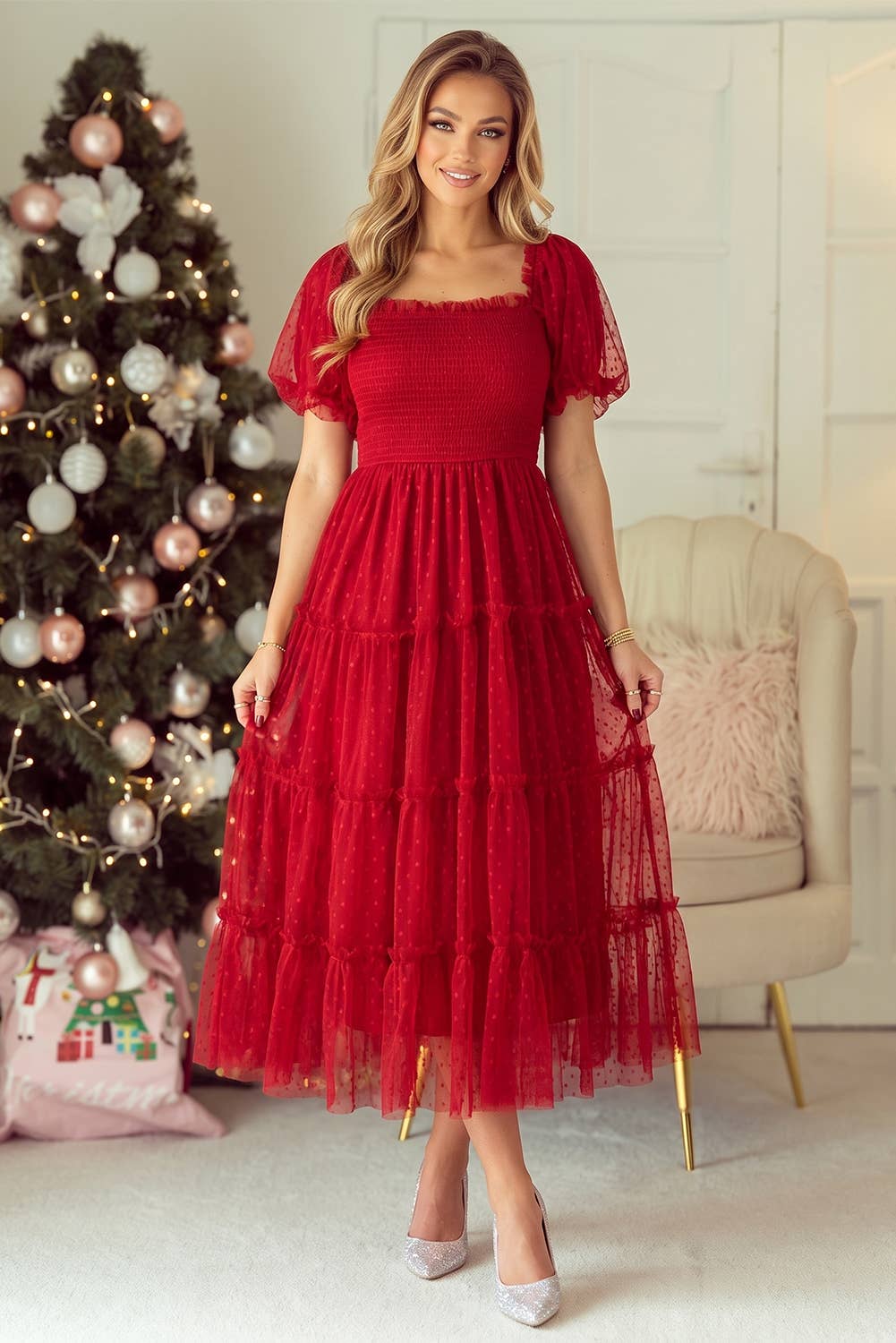 Tiered Tulle Smocked Bodice Puff Sleeve Dress: Fiery Red / S