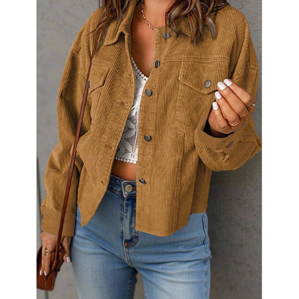 Solid Corduroy Jacket Casual Oversized Button Front: Light Brown / 100%polyester / M