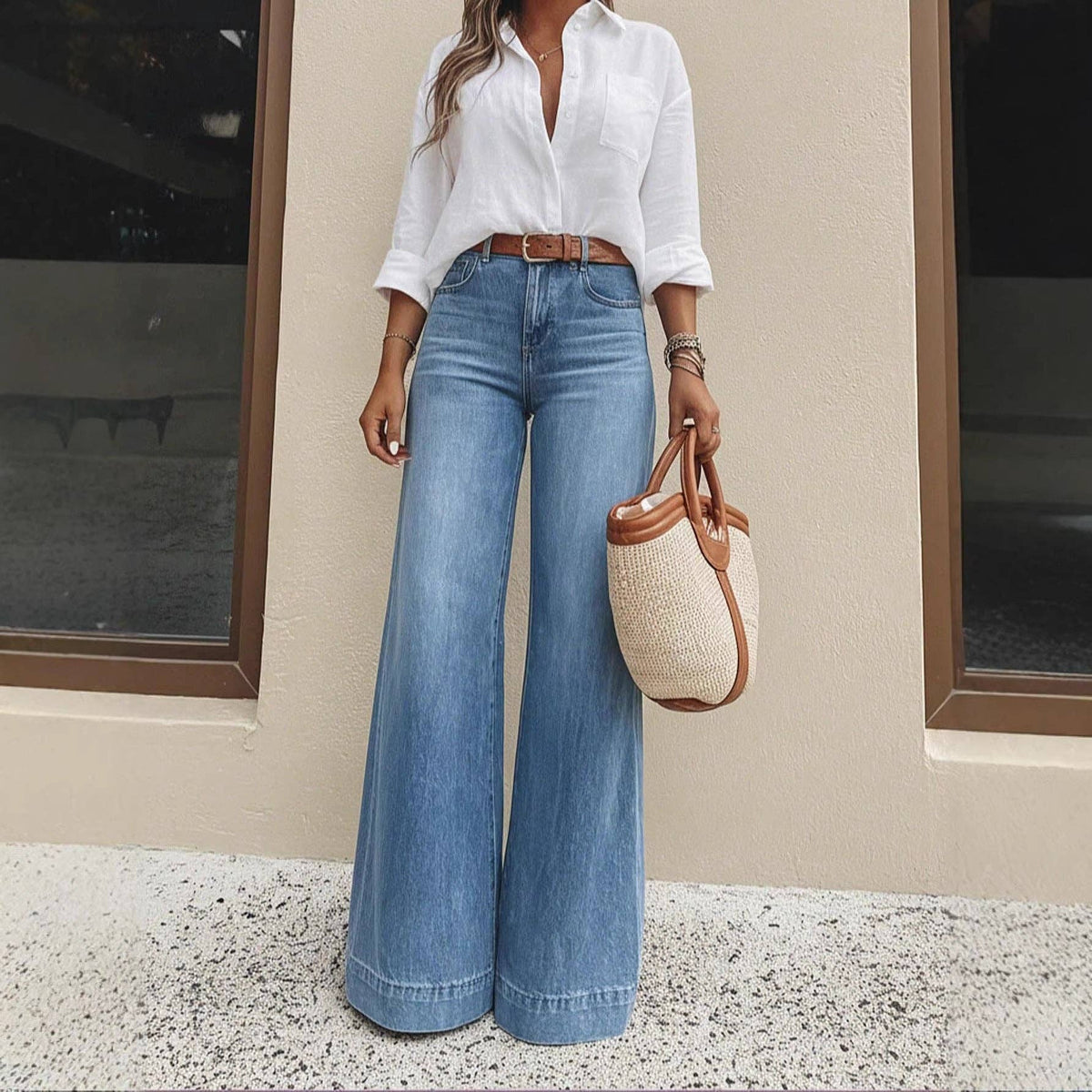 Washed Denim Wide Leg Jeans High Rise Relaxed Fit: Denim Blue / 100%Polyester / L