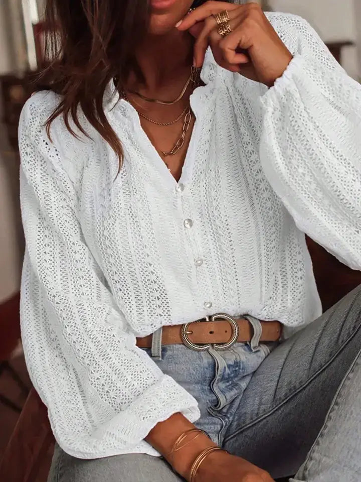 Open Knit Lace V Neck Button Front Blouse: Apricot / 95% Polyester+5% Elastane / 2XL
