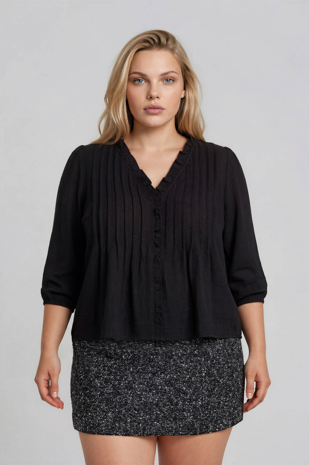 PLUS 3/4 SLEEVE RUFFLE TRIM PINTUCK DETAIL BLOUSE: BLACK