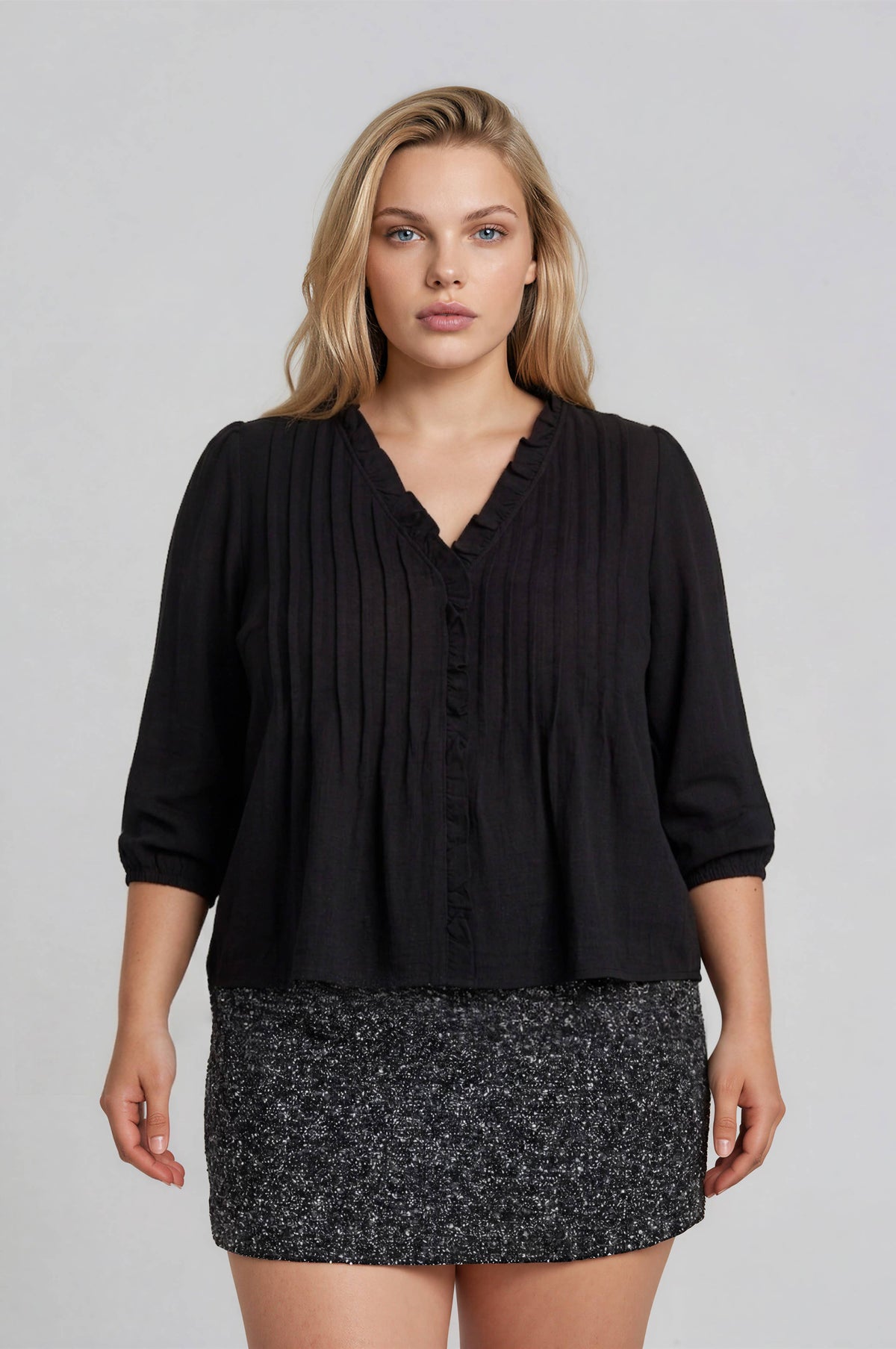 PLUS 3/4 SLEEVE RUFFLE TRIM PINTUCK DETAIL BLOUSE: BLACK