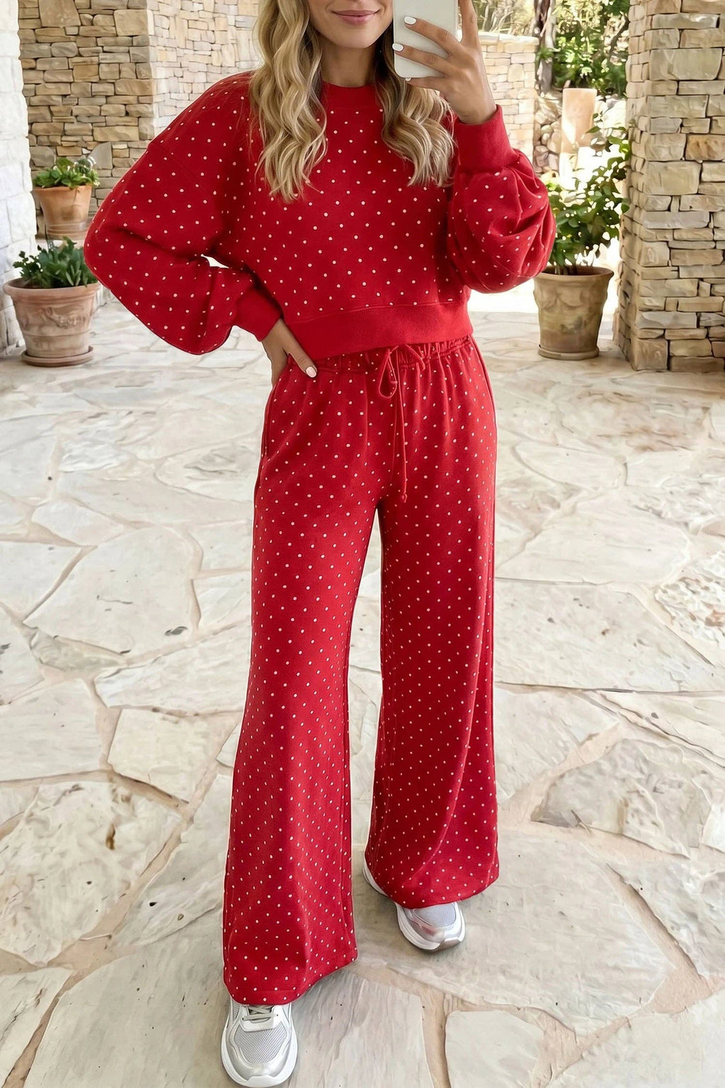 Polka Dot Drawstring Wide Leg Long Sleeve Top Pant Set: Blue / 100%Polyester / L