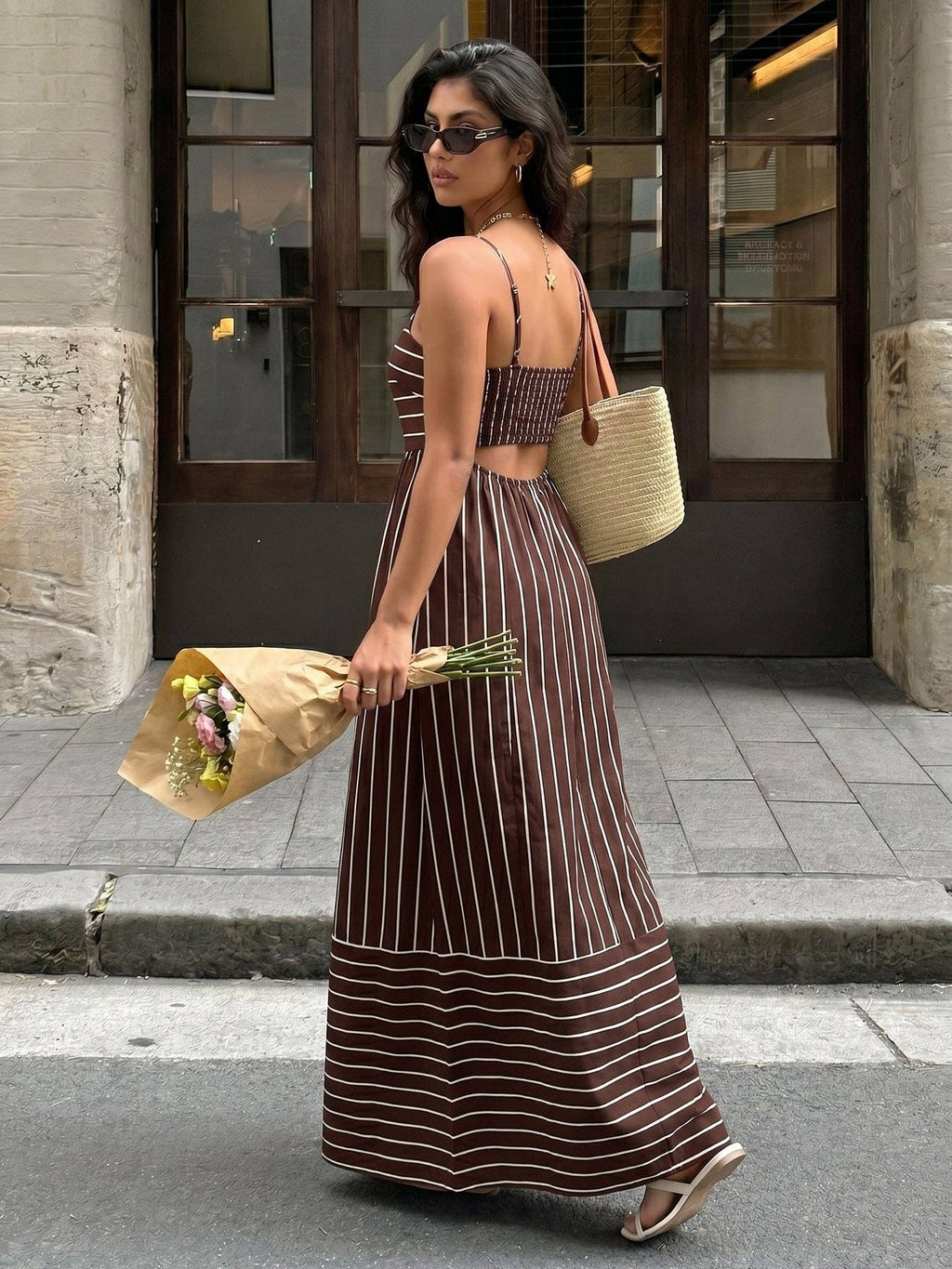 Striped Polyester Maxi Dress Resort Spaghetti Strap: Coffee Brown / 96%Polyester+4%Elastane / M