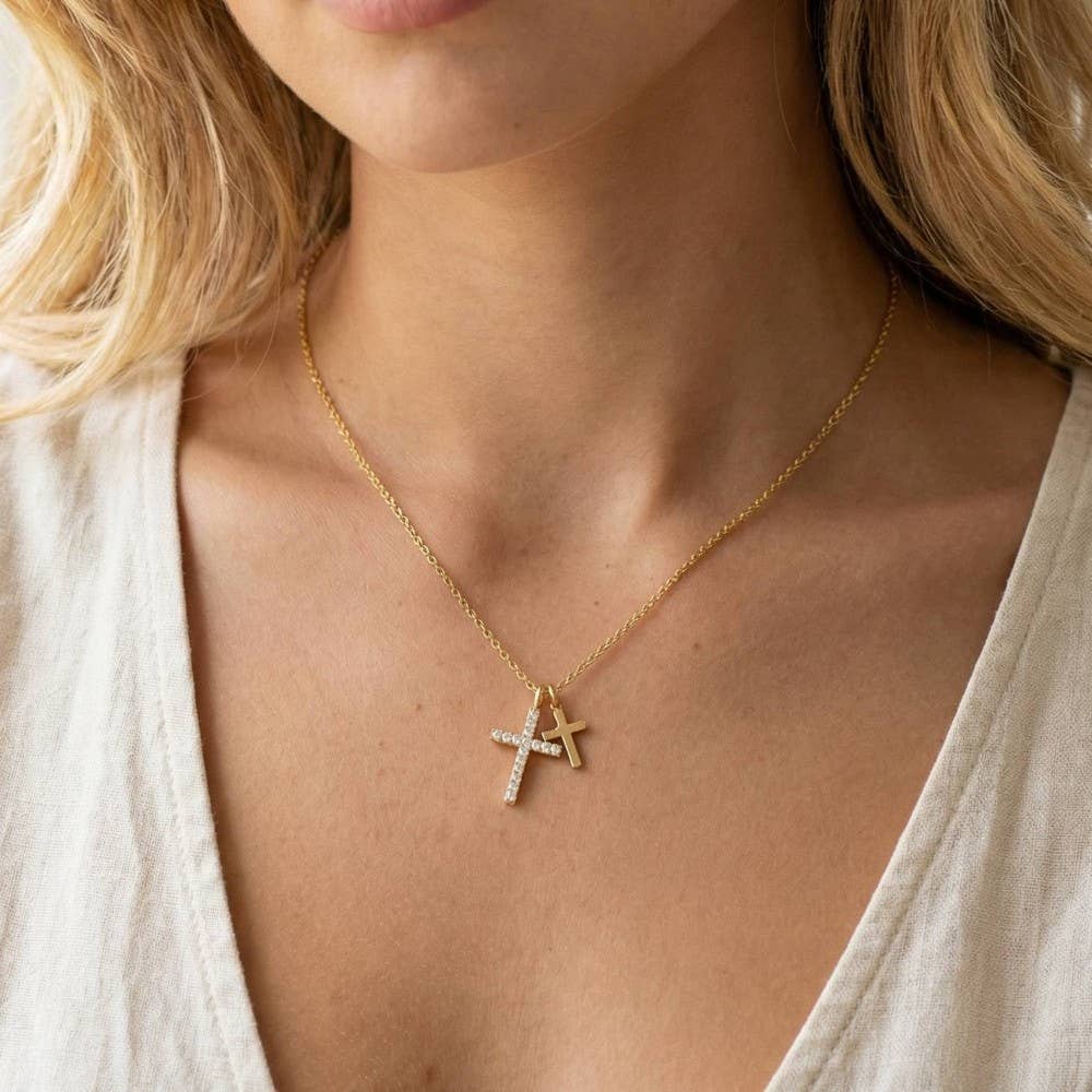 Cz Pave Double Cross Pendant Necklace: S