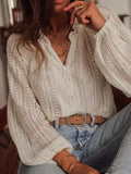 Open Knit Lace V Neck Button Front Blouse: Apricot / 95% Polyester+5% Elastane / 2XL