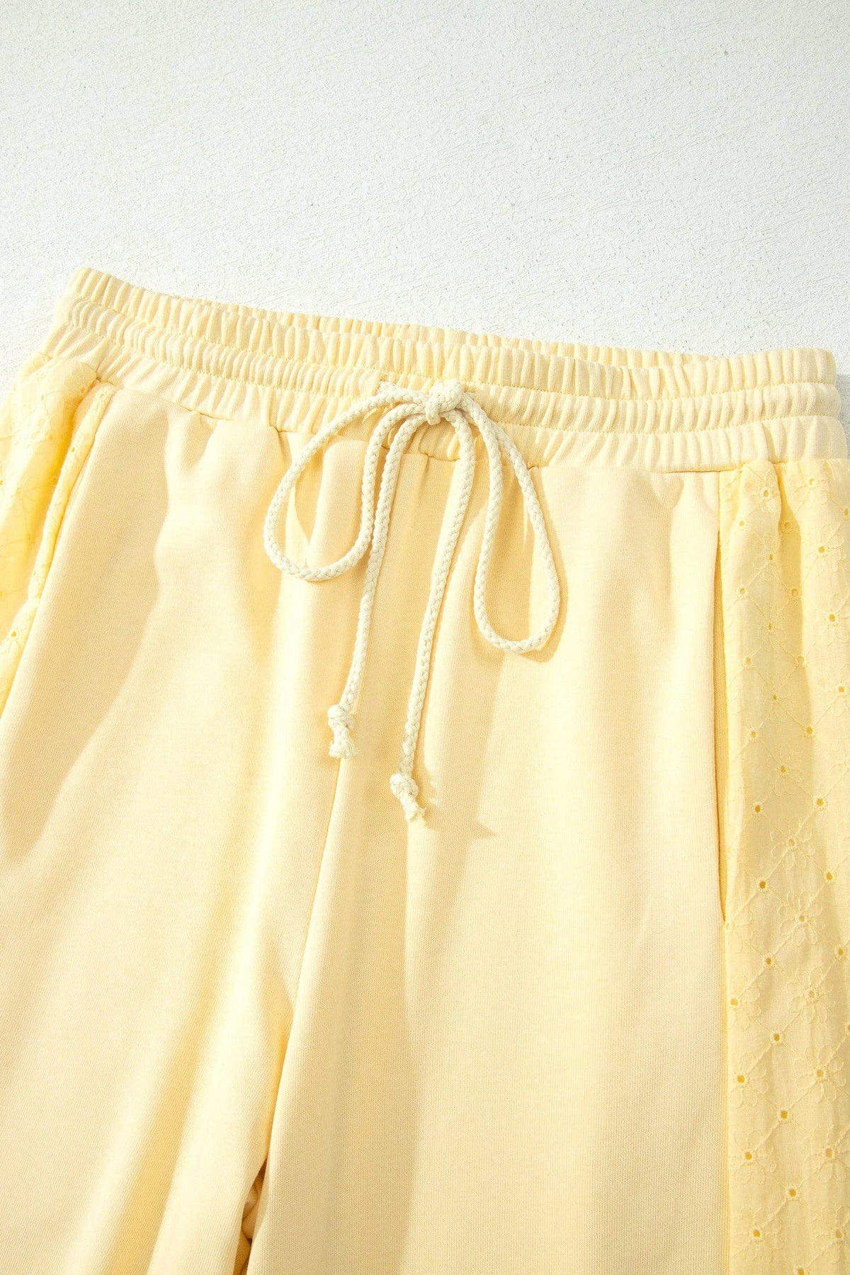 Yellow Cream Eyelet Embroidered Lace Patchwork Cropped Pullover Drawstring Pants Set: Yellow Cream / 80%Cotton+20%Polyester / XL