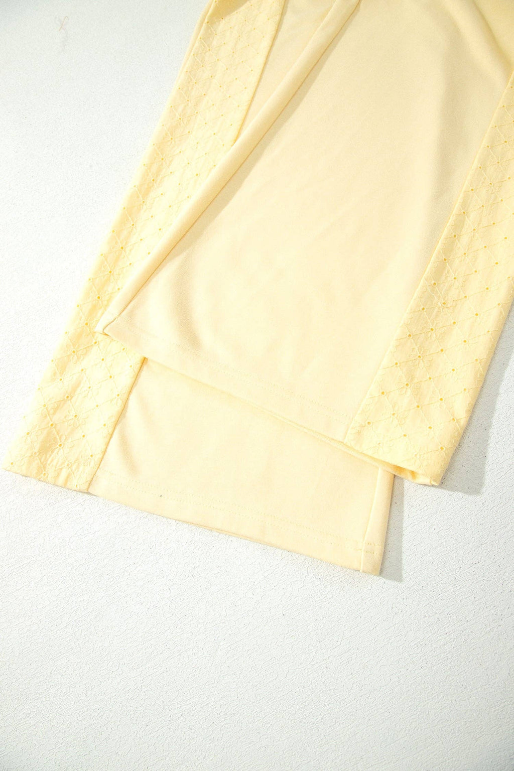 Yellow Cream Eyelet Embroidered Lace Patchwork Cropped Pullover Drawstring Pants Set: Yellow Cream / 80%Cotton+20%Polyester / L