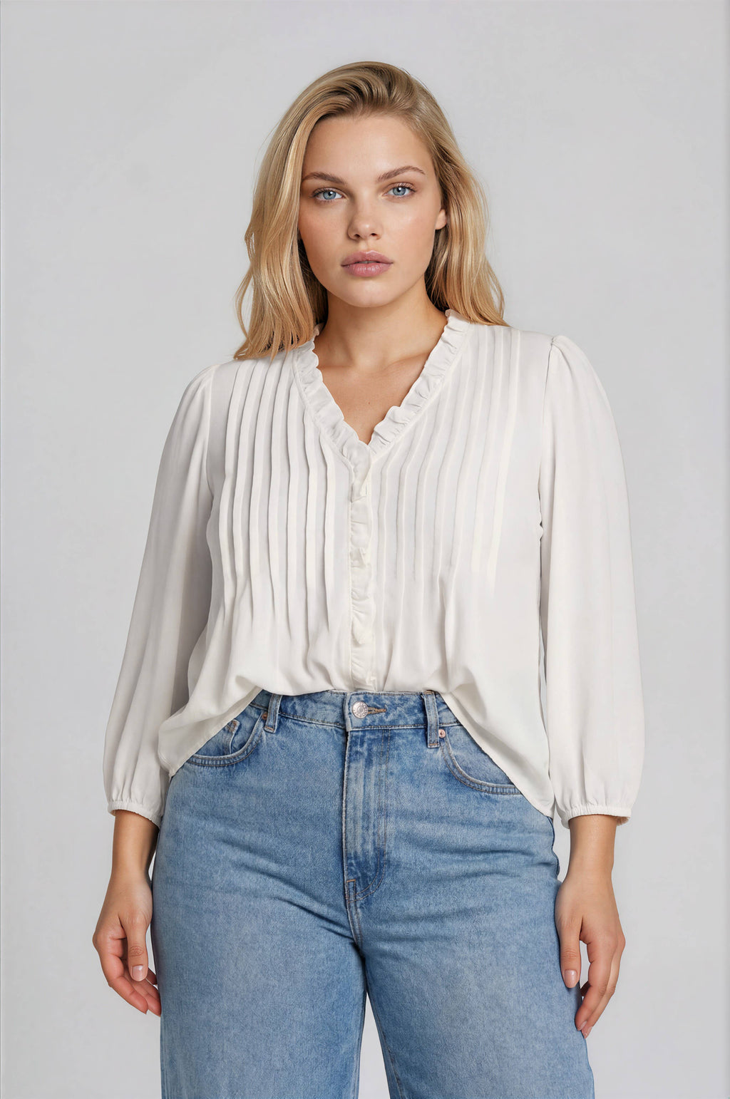 PLUS 3/4 SLEEVE RUFFLE TRIM PINTUCK DETAIL BLOUSE: BLACK