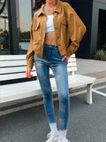 Solid Corduroy Jacket Casual Oversized Button Front: Light Brown / 100%polyester / M