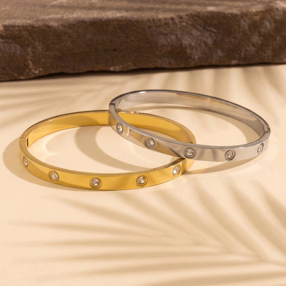 Stainless Steel Bezel Cz Station Bangle: G