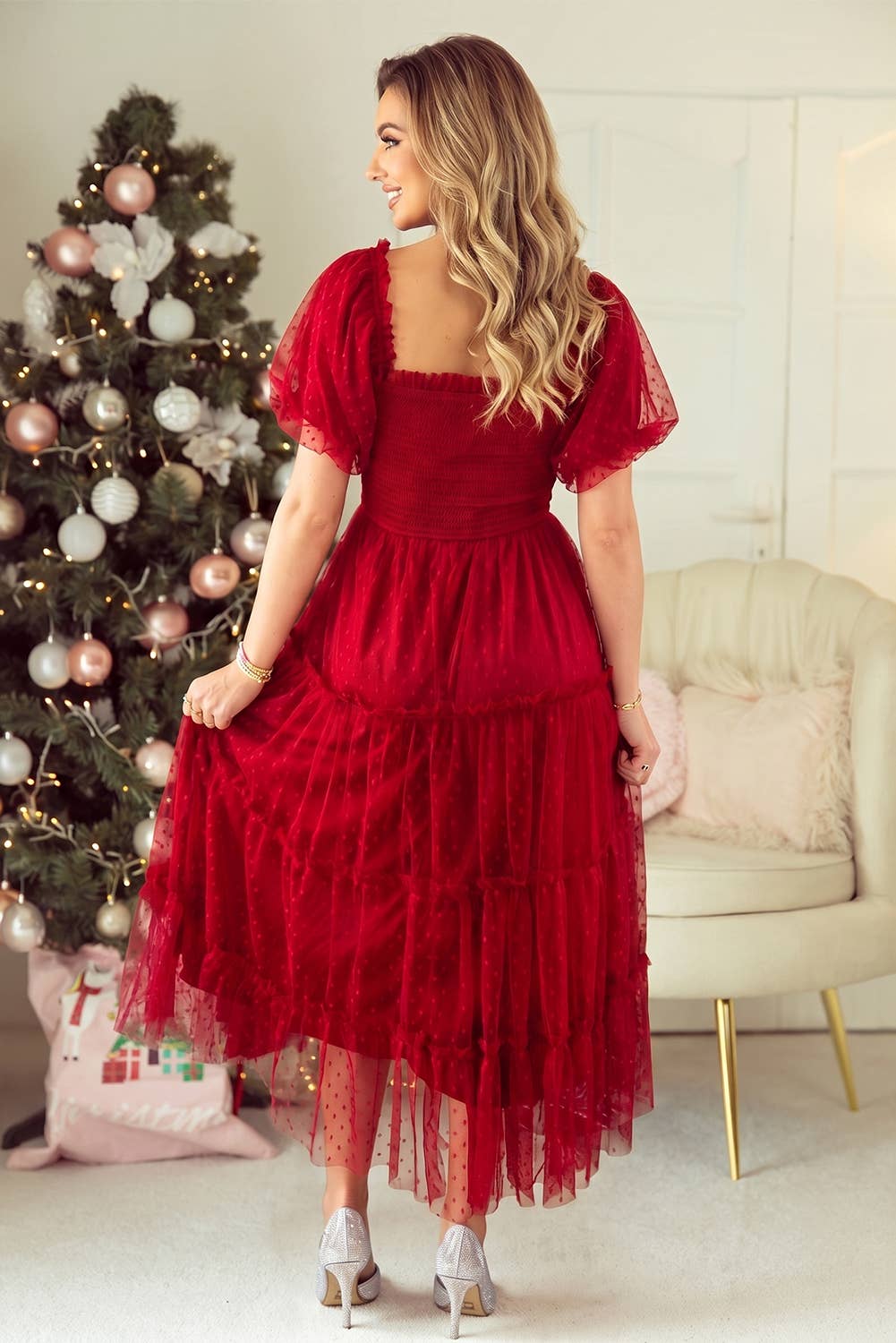 Tiered Tulle Smocked Bodice Puff Sleeve Dress: Fiery Red / XL