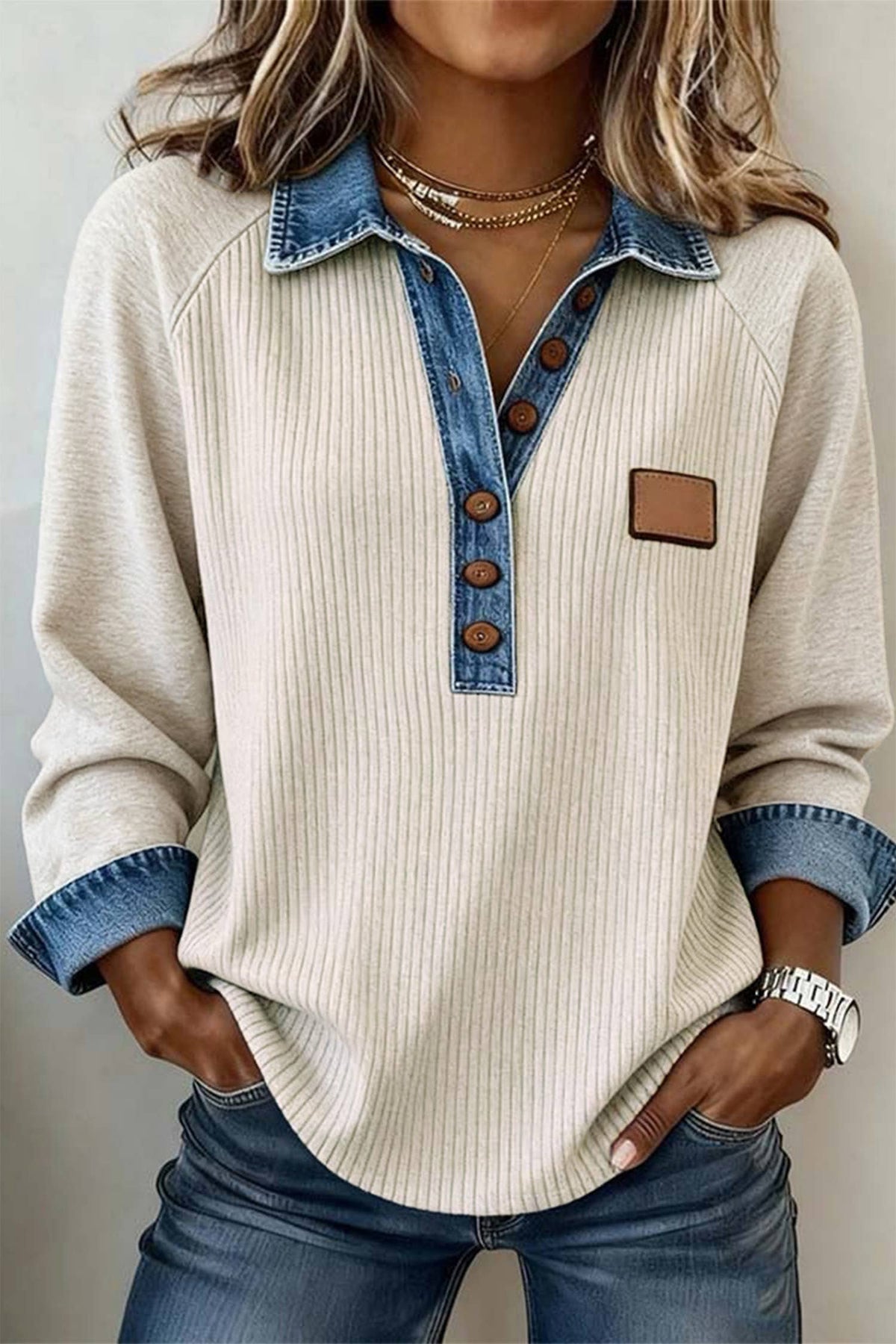 Denim Contrast Collar Waffle Knit Sweatshirt S–4X: Light Grey / M