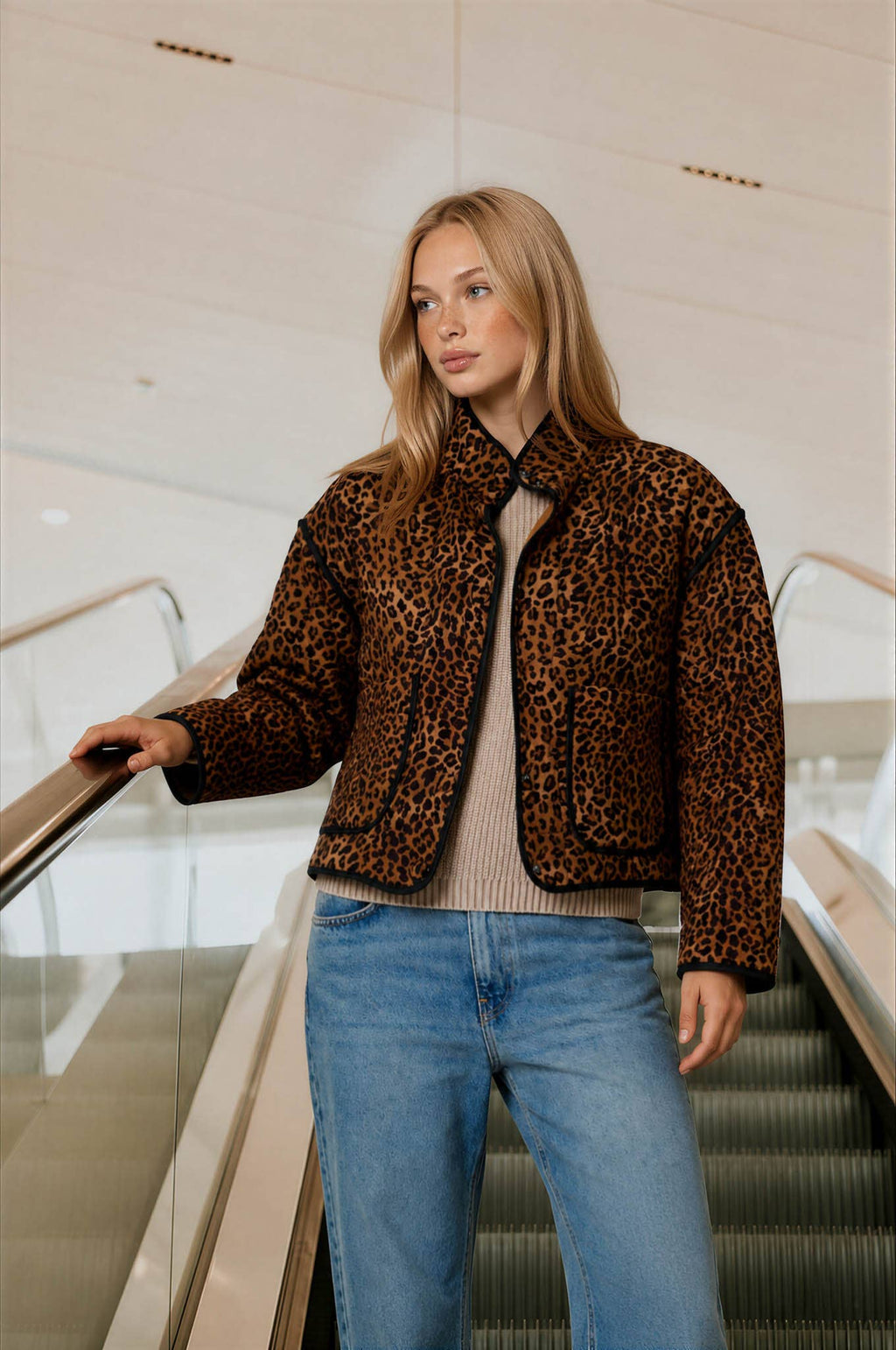LEOPARD PRINT SNAP BUTTON JACKET: BROWN MULTI