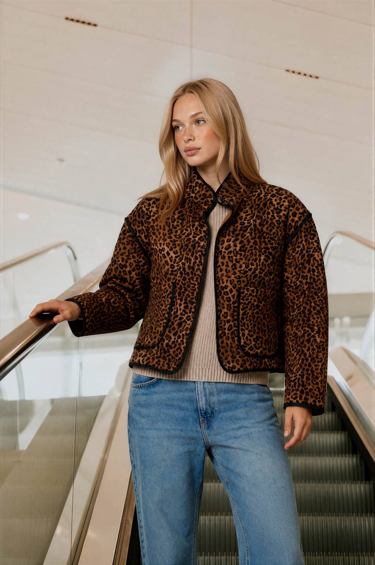 LEOPARD PRINT SNAP BUTTON JACKET: BROWN MULTI