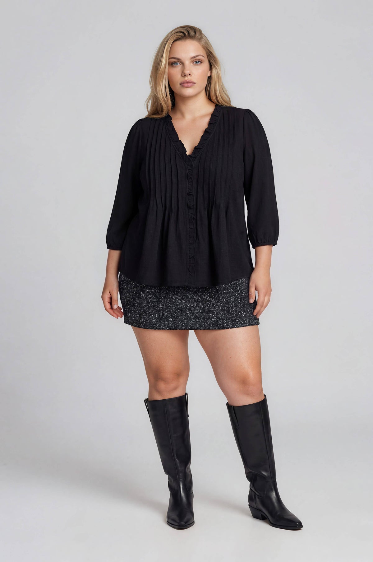 PLUS 3/4 SLEEVE RUFFLE TRIM PINTUCK DETAIL BLOUSE: BLACK