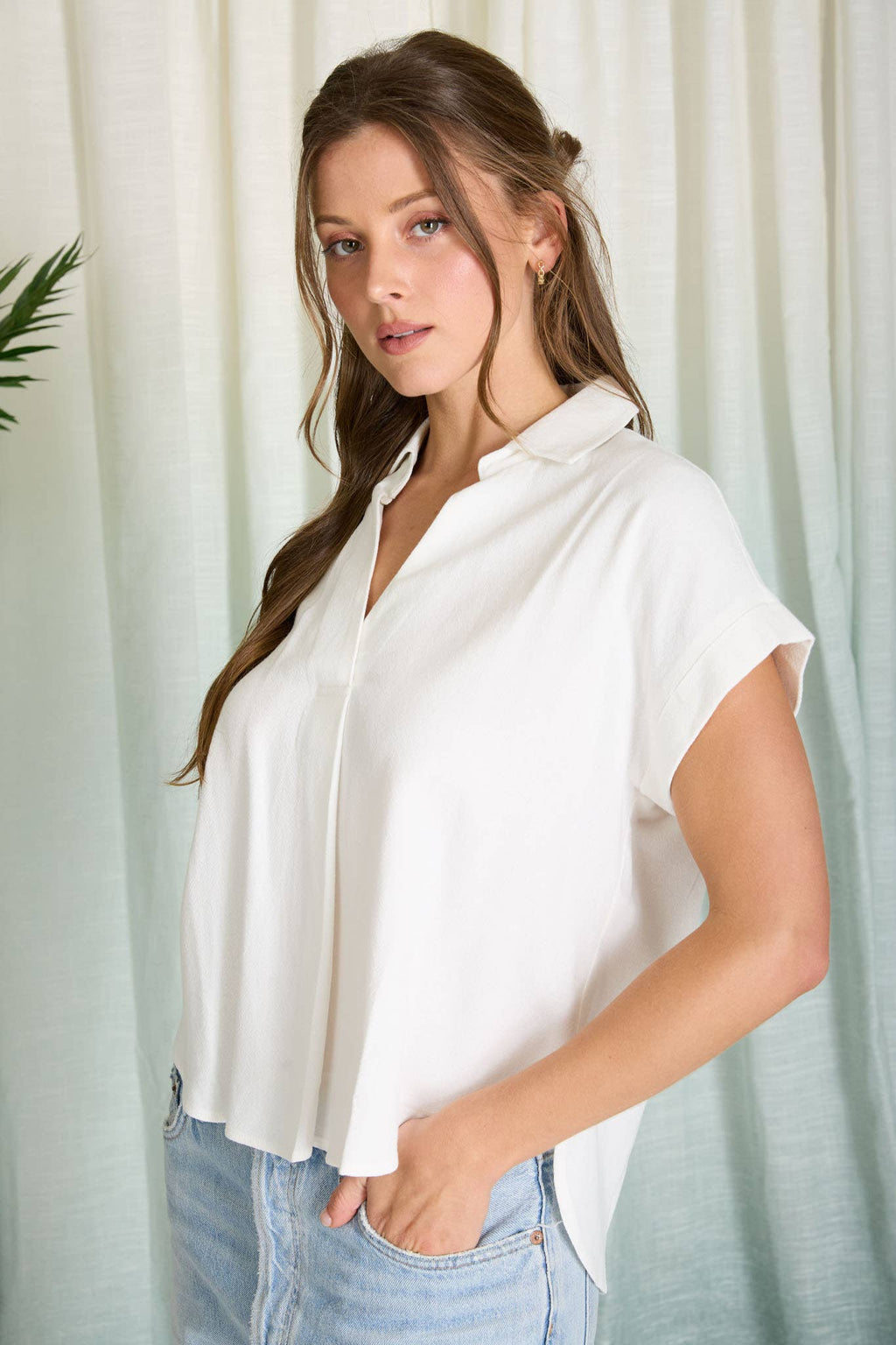 COLLARED SPLIT NECK CUFF SLEEVE U HEM LINEN TOP: BLUE